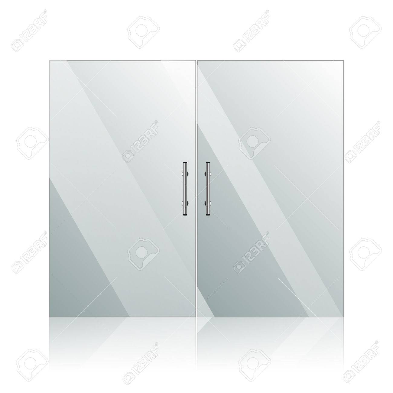 Vector transparent glass doors with mirror image in steel frame isolated on white wall. Architectural interior symbol. EPS 10 - 40064598 Vector transparent glass doors with mirror image in steel frame isolated on white wall. Architectural interior symbol. EPS 10 - 40064598