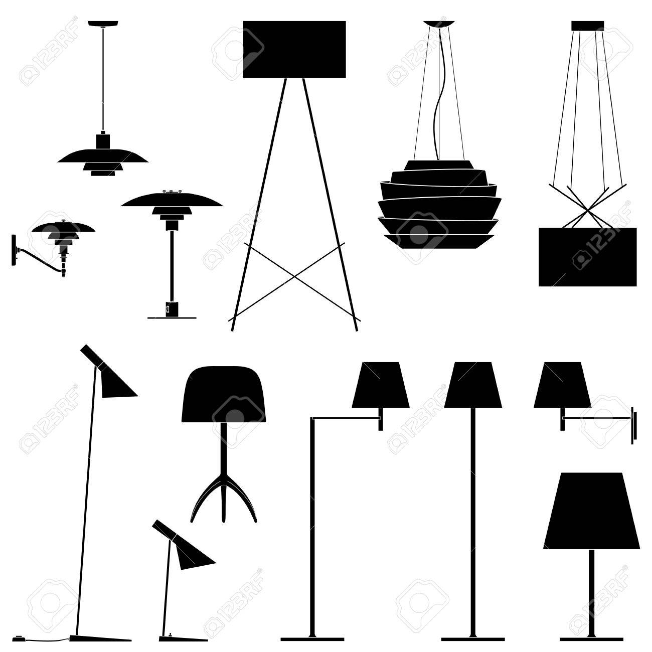 Set of different lamps. Black silhouette of floor lamps, table lamps and sconce. Vector illustration EPS10 - 48861069 Set of different lamps. Black silhouette of floor lamps, table lamps and sconce. Vector illustration EPS10 - 48861069