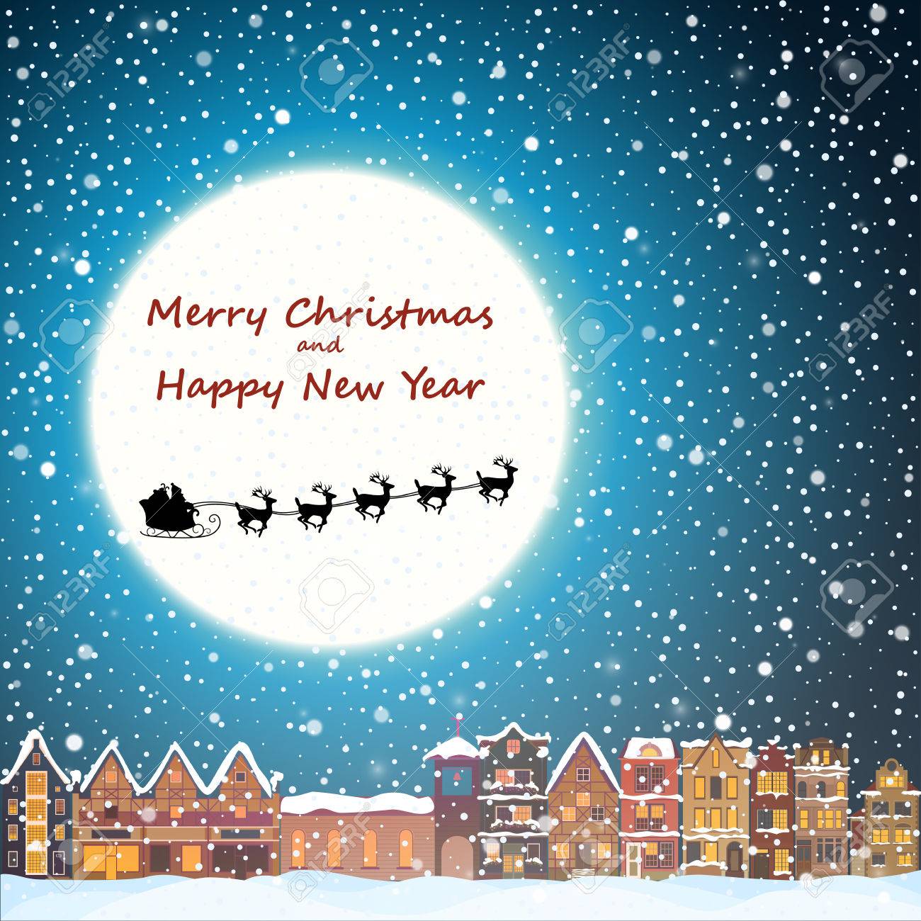 Auguri Di Natale Con Foto.Vettoriale Casa Di Natale In Nevicata Alla Notte Auguri Di Felice Vacanza Con Skyline Della Citta Battenti Babbo Natale E Cervi Sagome Nere Neve E Grande Luna Midtown Ospita Poster Di