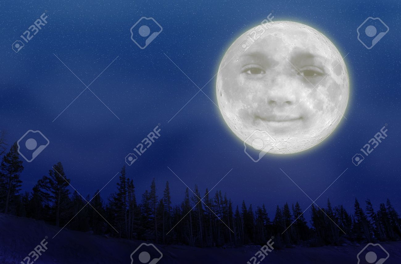 An Illustration Of A Full Moon With A Smiley Face Over Trees On A Night Sky  Covered With Stars. Stock Photo, Picture and Royalty Free Image. Image  4815982., image size:1300x857