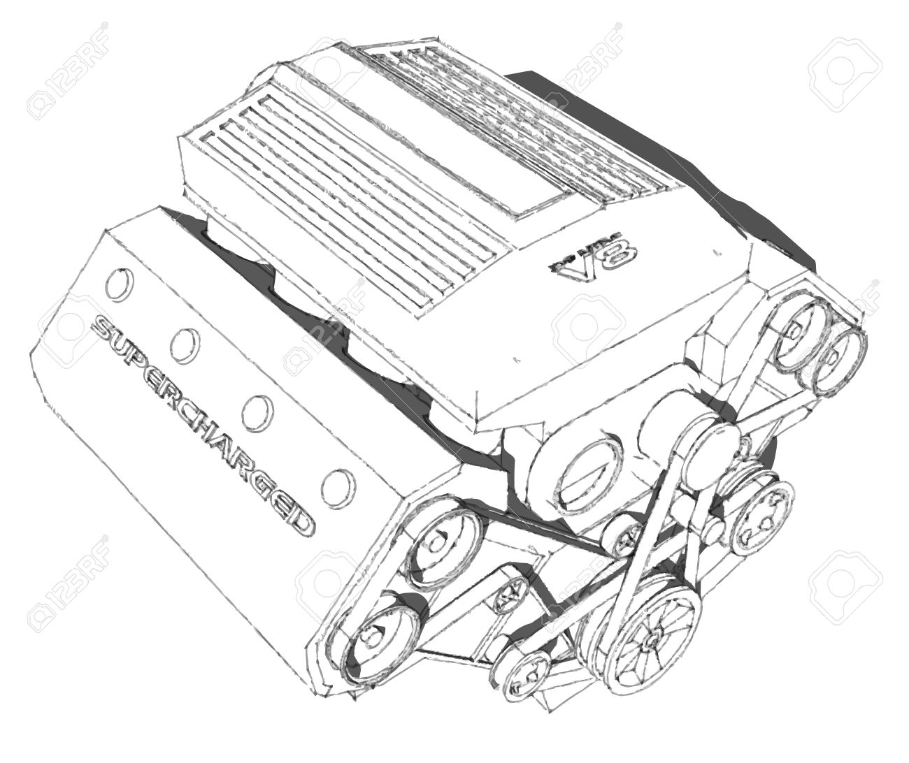 内燃エンジン 強力な 8 気筒エンジン 鉛筆デッサンします のイラスト素材 ベクタ Image