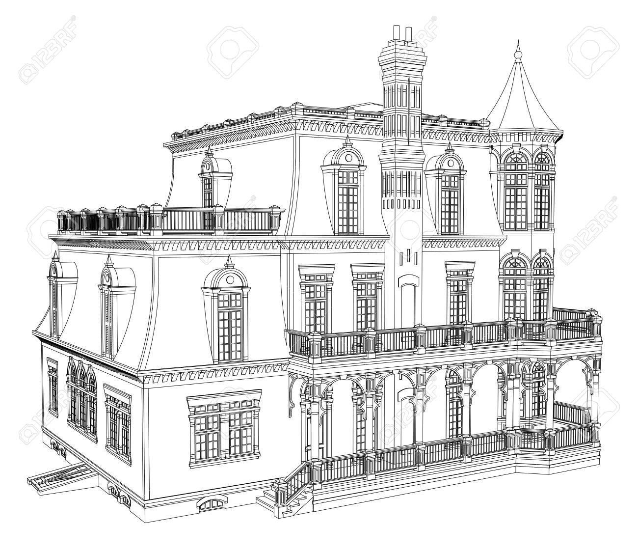 old house in victorian style illustration on white background black and white old house