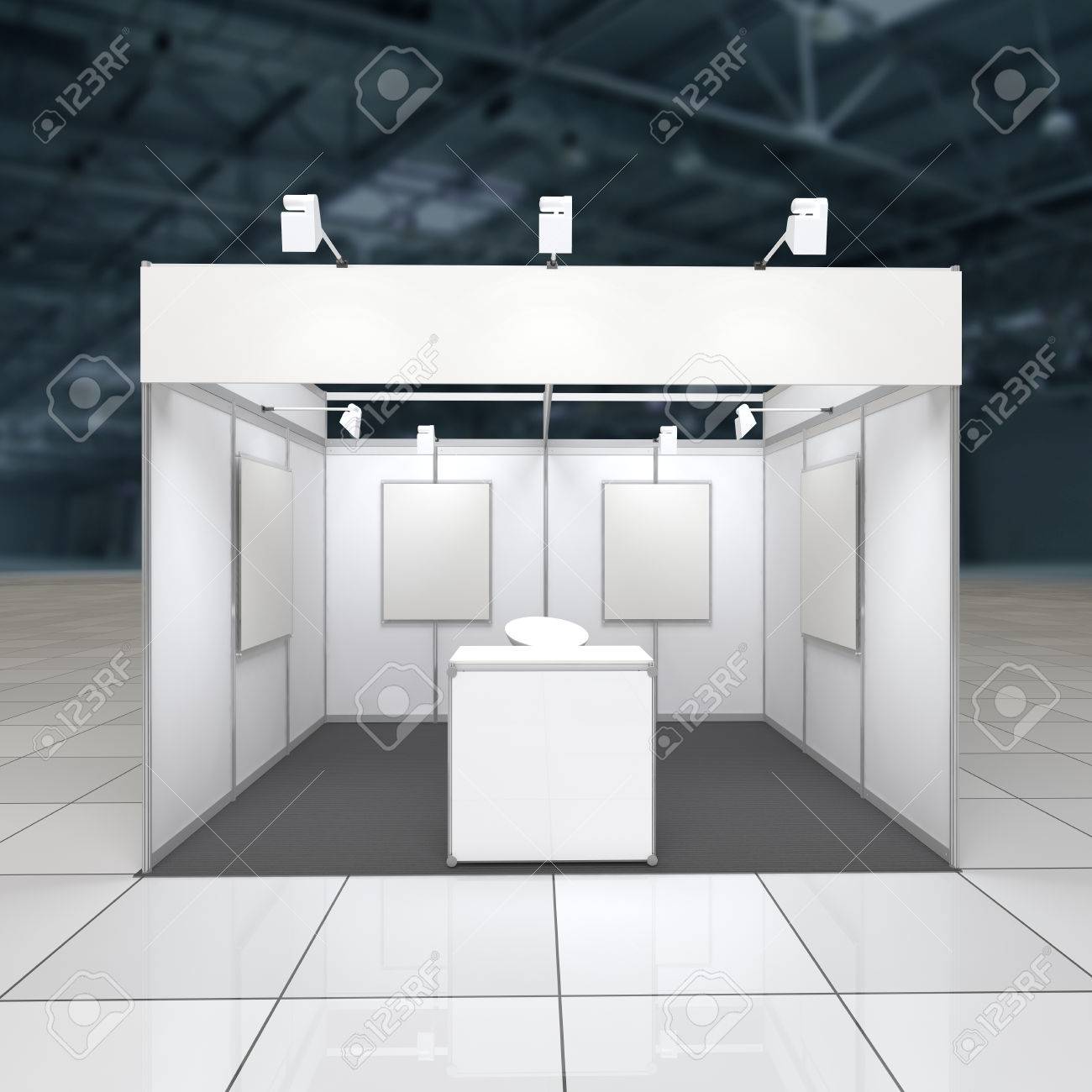 modern exhibition stand 12sq.m. with blank frieze, reception counter and blank posters - 49105534 modern exhibition stand 12sq.m. with blank frieze, reception counter and blank posters - 49105534