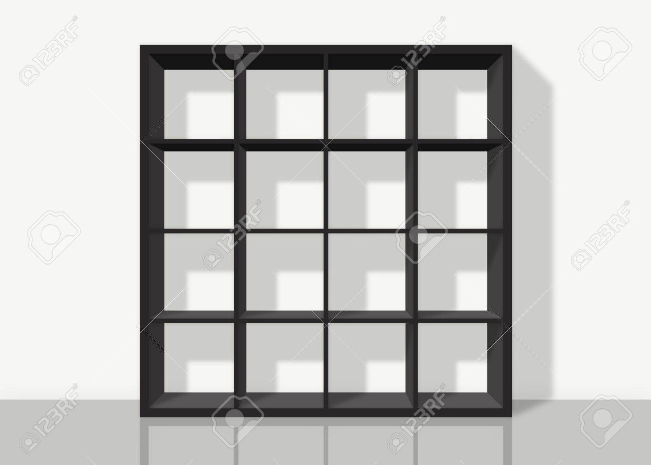 Estante Vacio Negro Compuesto Por Dieciseis Cuadros En Blanco La