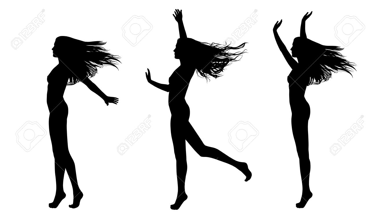 異なる姿勢で風になびく髪の長い若い美しい裸の女性の完全な長さのシルエット することができます彼女のドレス必要に応じ の写真素材 画像素材 Image