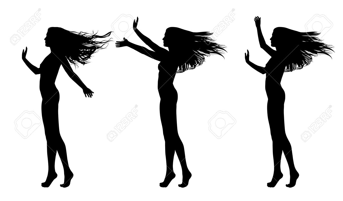 異なる姿勢で風になびく髪の長い若い美しい裸の女性の完全な長さのシルエット することができます彼女のドレス必要に応じ の写真素材 画像素材 Image