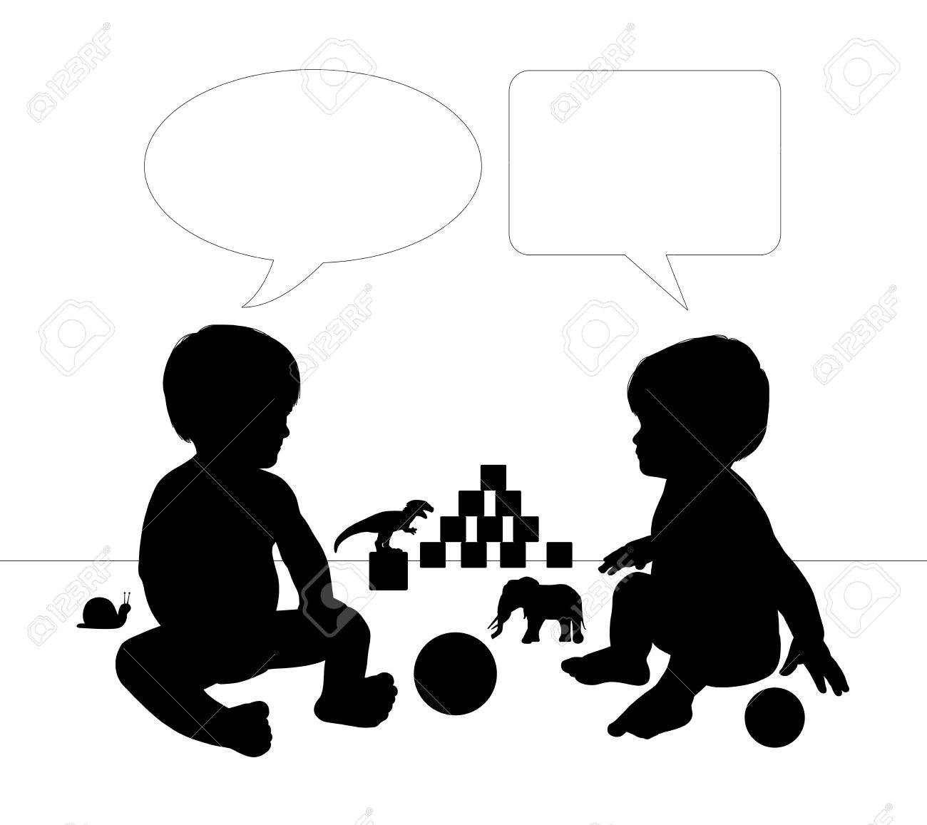 Silhouettes De Deux Mignons Petits Bebes Assis Sur Le Sol Parmi Leurs Jouets Parlants A L Autre Le Texte Vacants Bulles Dessus D Eux Banque D Images Et Photos Libres De Droits Image