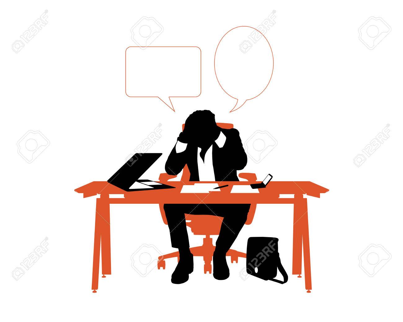 Schwarzen Und Weissen Silhouette Eines Jungen Geschaftsmannes In Den Stuhl An Seinem Schreibtisch Sitzen Sehr Gestresst Denkt Uber Sein Geschaft Eine Freie Orange Text Blase Uber Ihn Lizenzfreie Fotos Bilder Und Stock