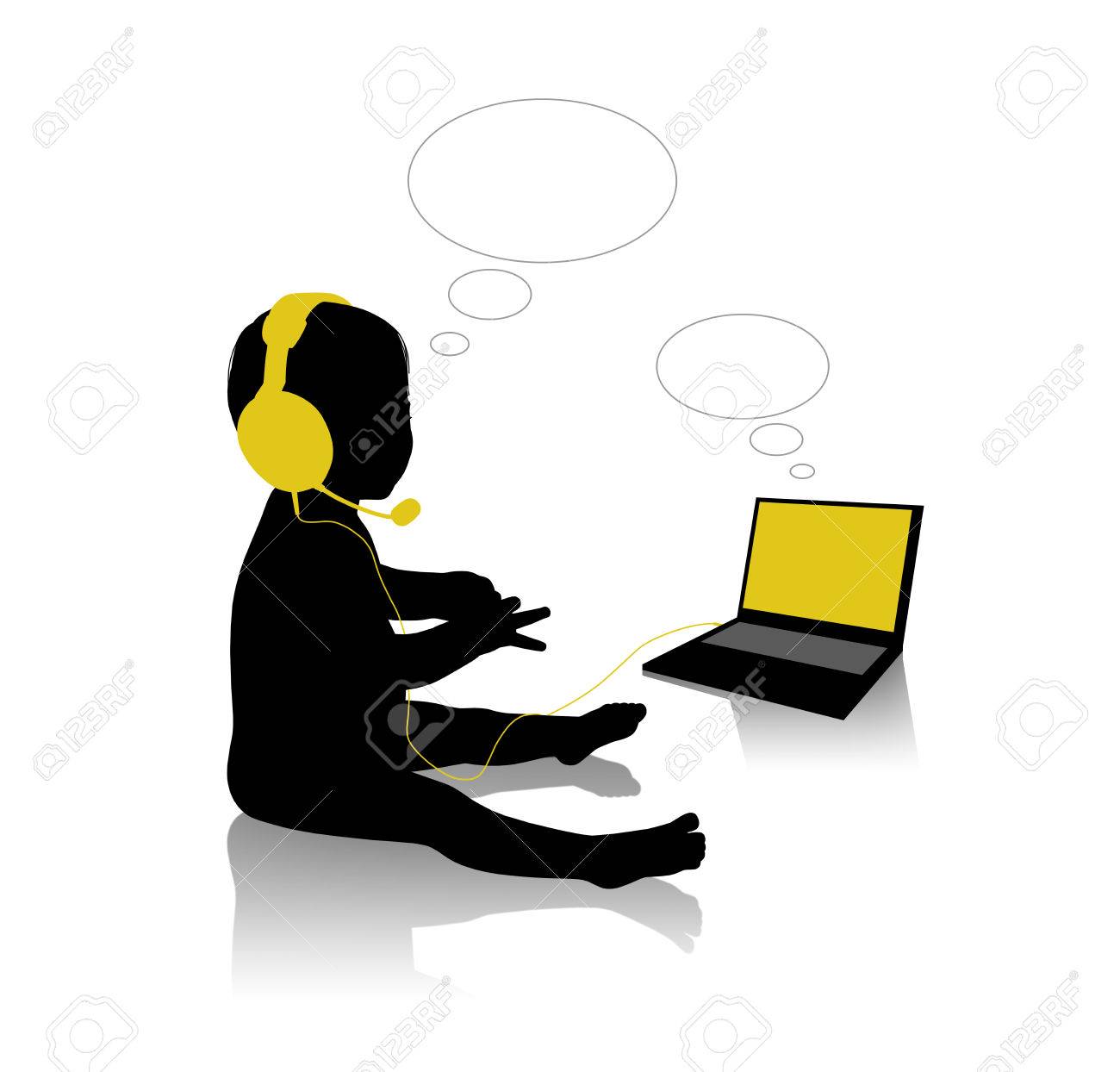 Silhouette Noire D Un Petit Bebe Assis Devant Son Ordinateur Dans Les Ecouteurs Et De Parler Sur Internet Texte Vacants Bulles Disponibles Banque D Images Et Photos Libres De Droits Image