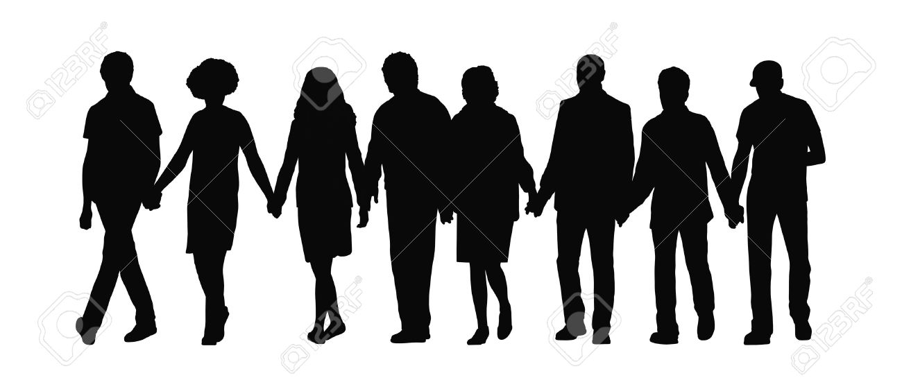 silhouette of group of people holding hands and walking their