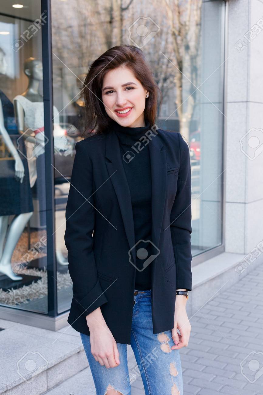 blue jeans black coat