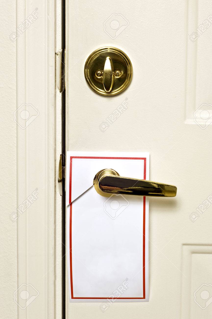 blank door hanger on door handle stock photo picture and royalty