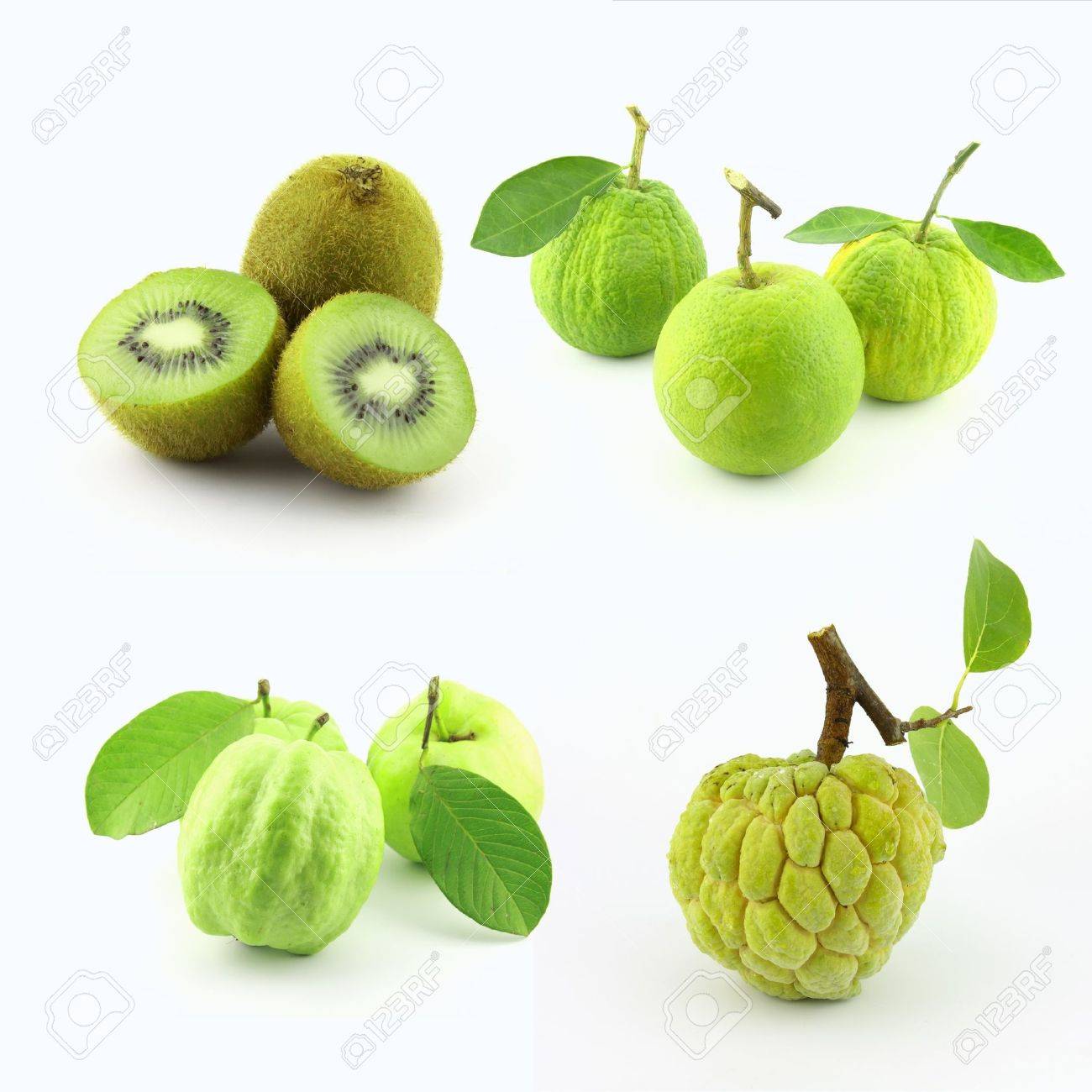 Collection Of Green Tropical Fruit.kiwi,green-orange,guava