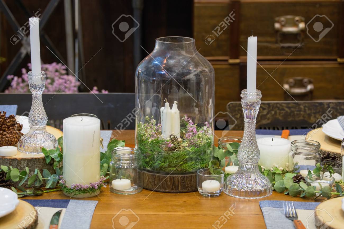 Fancy Dining Table Setting With Flower And Candles Decoration Stock Photo Picture And Royalty Free Image Image 69769296