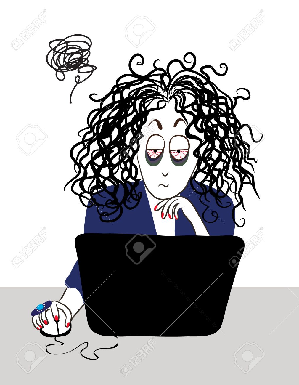 La Fille Fatiguee Avec Des Cheveux Boucles De Travail Pres De L Ordinateur Clip Art Libres De Droits Vecteurs Et Illustration Image