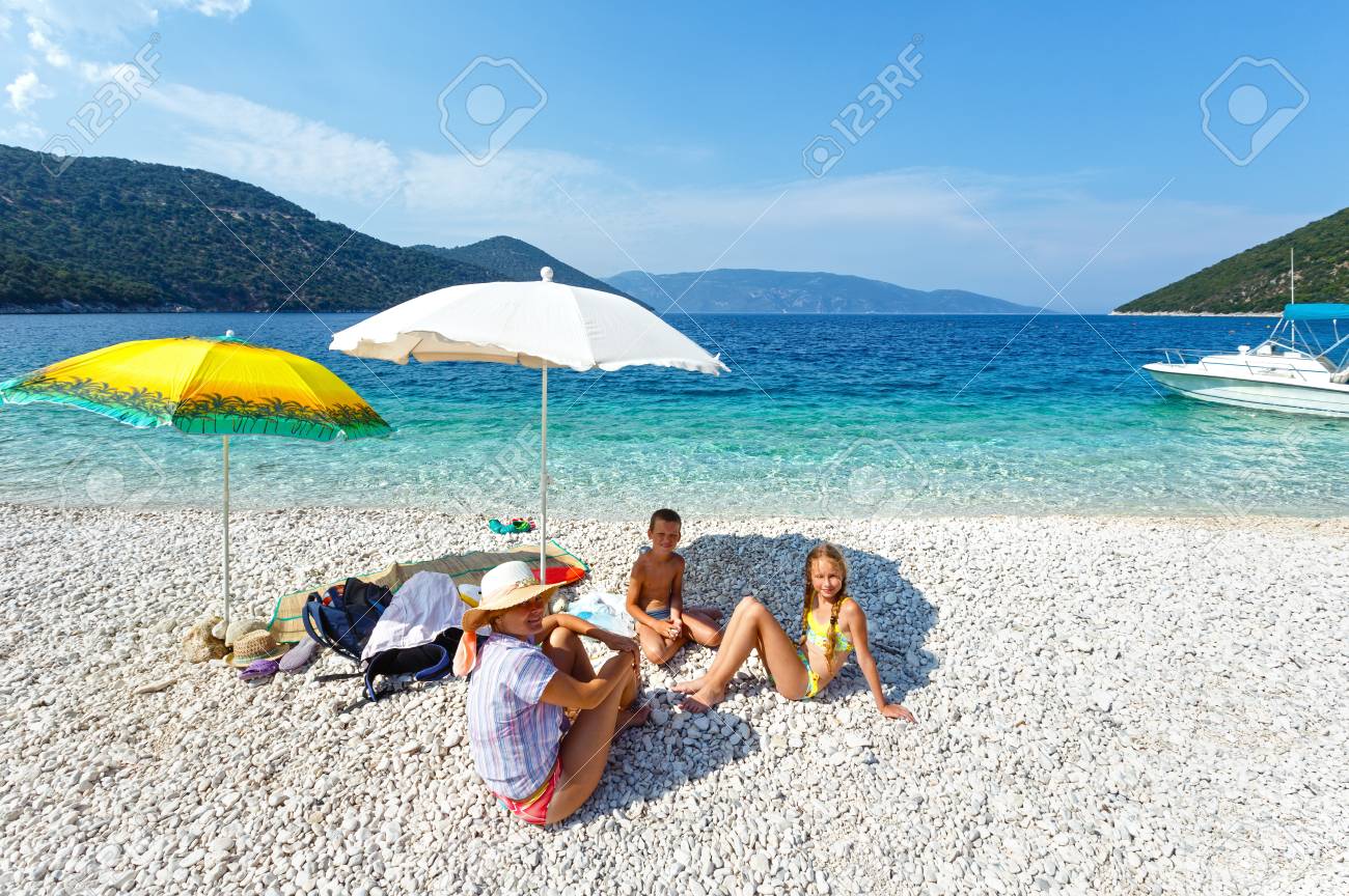 Family On Antisamos Beach Summer Holidays Greece Kefalonia