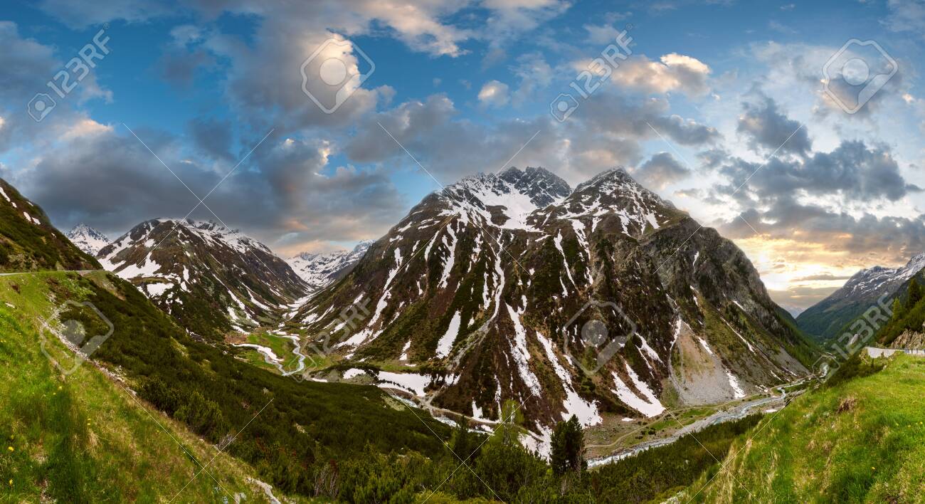 Summer Alps mountain sunset landscape with alpine road and river, Fluela Pass, Switzerland - 121462418 Summer Alps mountain sunset landscape with alpine road and river, Fluela Pass, Switzerland - 121462418