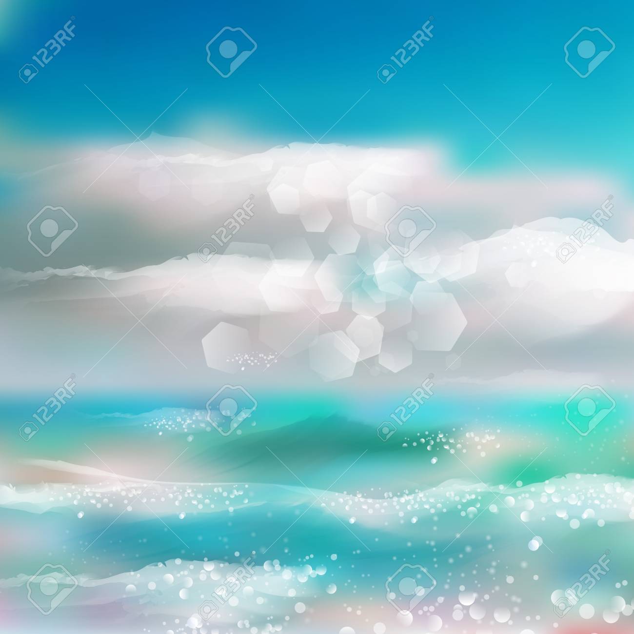 春と夏を輝かせて水彩画海を背景の火花とボケ味 ベクトル イラスト グラフィック デザイン のイラスト素材 ベクタ Image