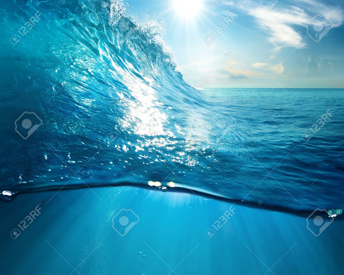 ocean view design template with underwater part and sunset skylight