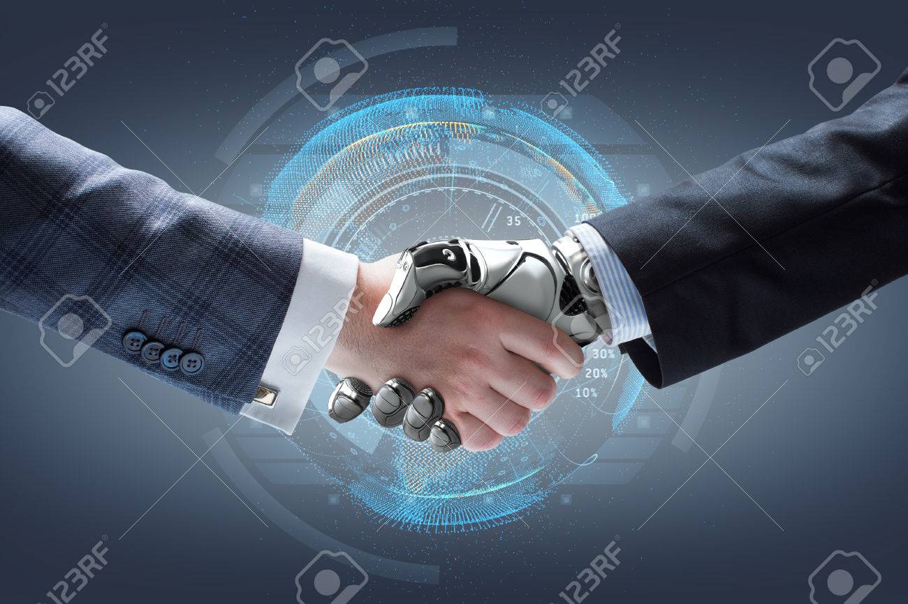 Businessman and robot's handshake with holographic Earth globe on background. Artificial intelligence technology - 60891384 Businessman and robot's handshake with holographic Earth globe on background. Artificial intelligence technology - 60891384