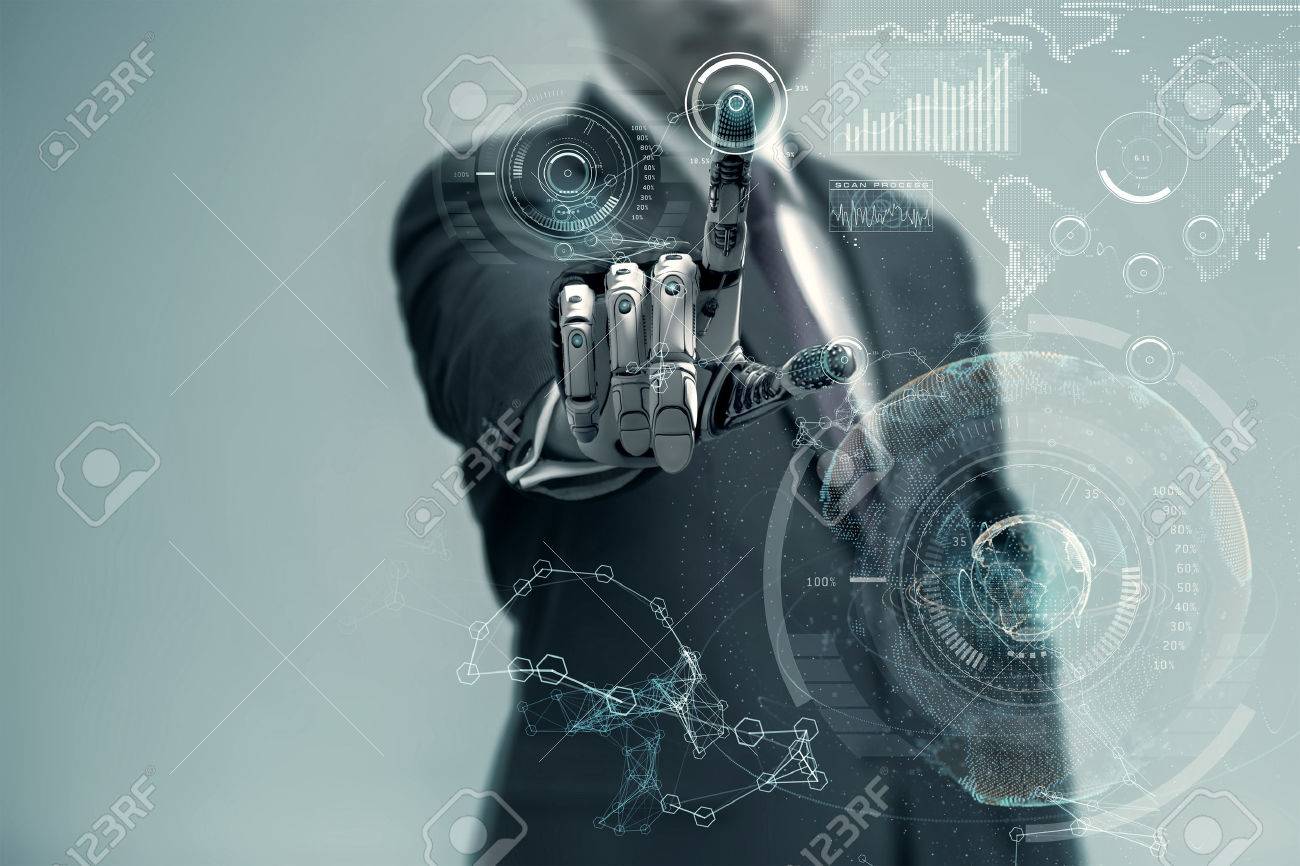 Businessman With Artificial Robotic Hand working on virtual holographic interface. Future technology as design concept. - 60891397 Businessman With Artificial Robotic Hand working on virtual holographic interface. Future technology as design concept. - 60891397