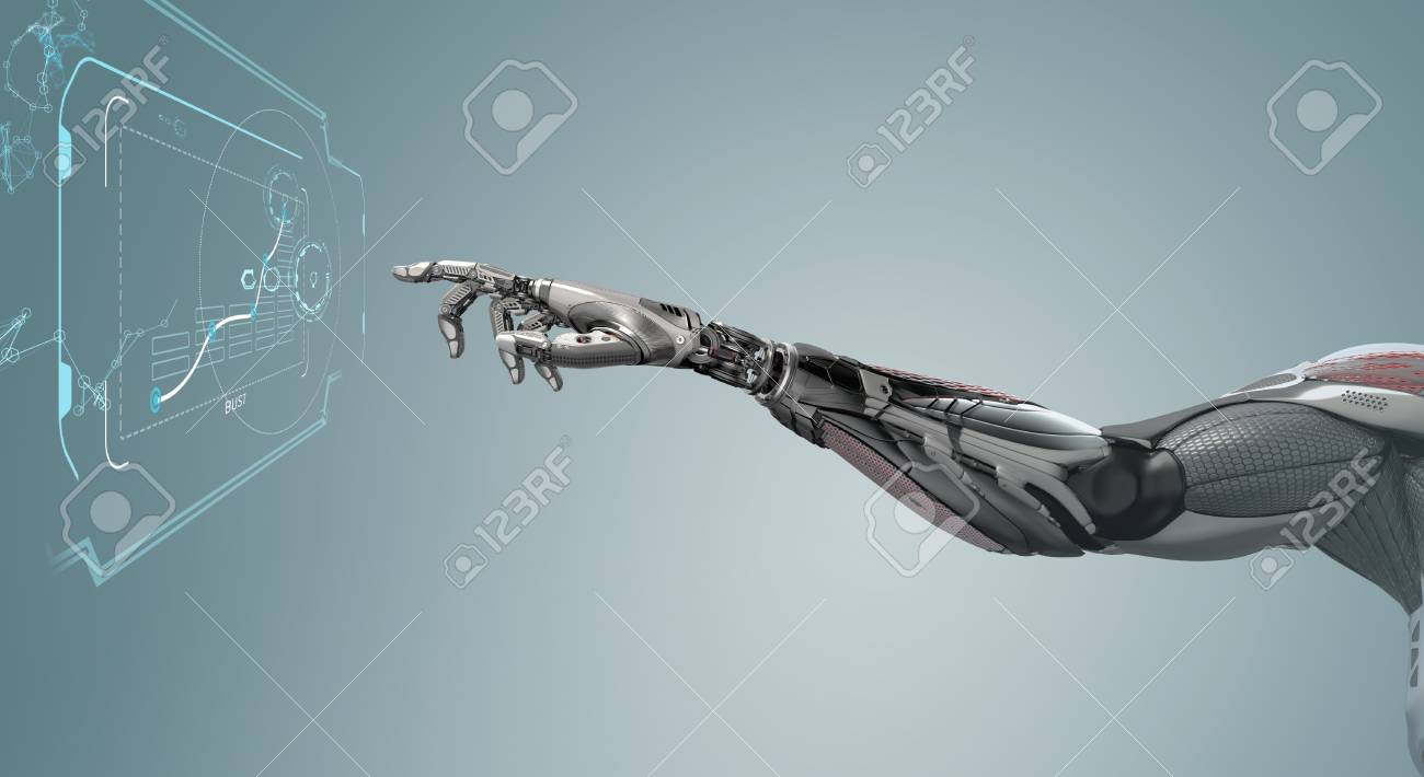 A Robotic Mechanical Arm Looks As Like A Human Hand Touching A Touchscreen.  Cybernetic Organism With Artificial Intelligence Working With Virtual  Infographic Background . Futuristic Design Concept. 3d Rendering Stock  Photo, Picture