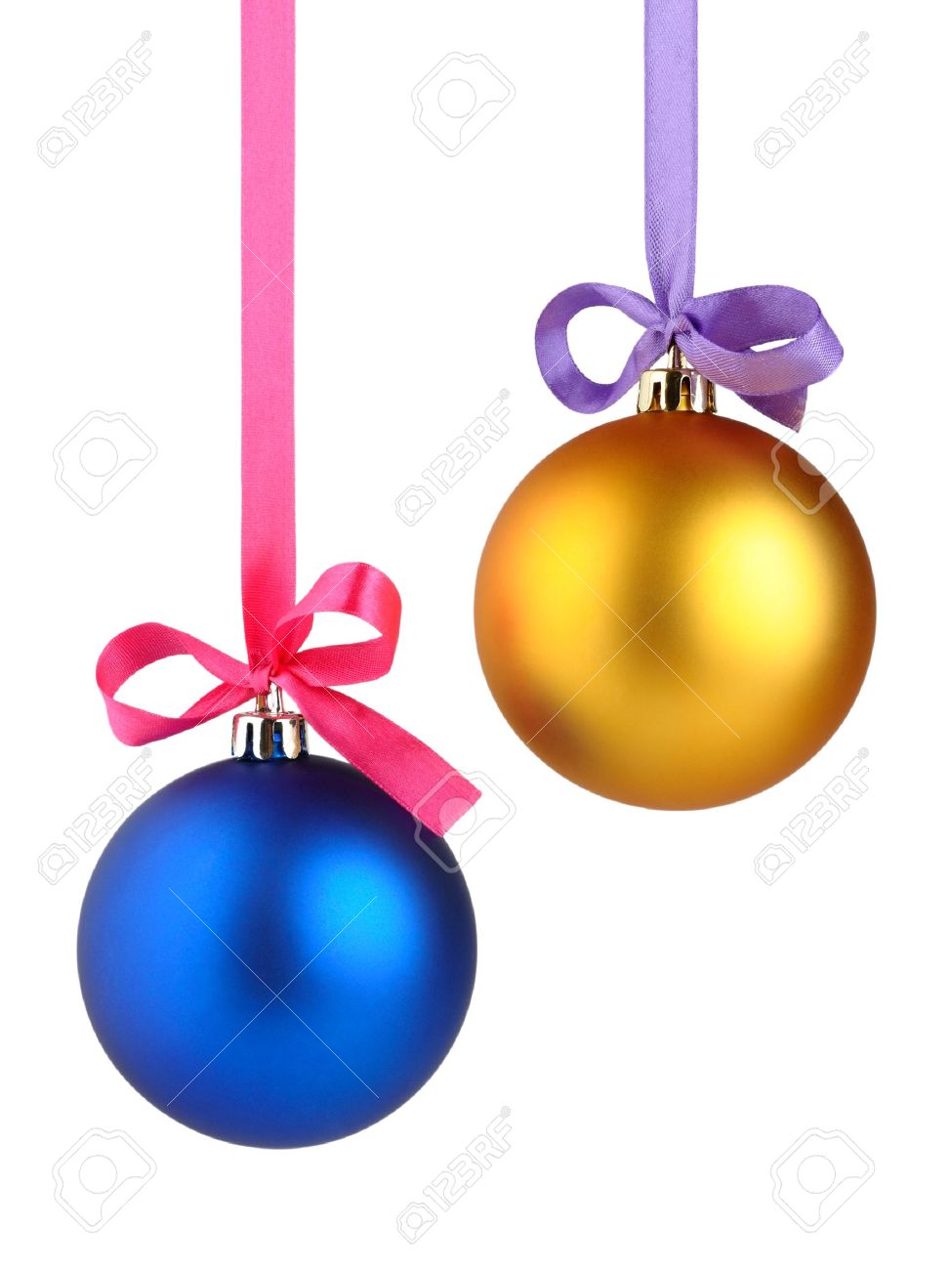 Christmas balls hanging on ribbon isolated on white background - 10858229 Christmas balls hanging on ribbon isolated on white background - 10858229