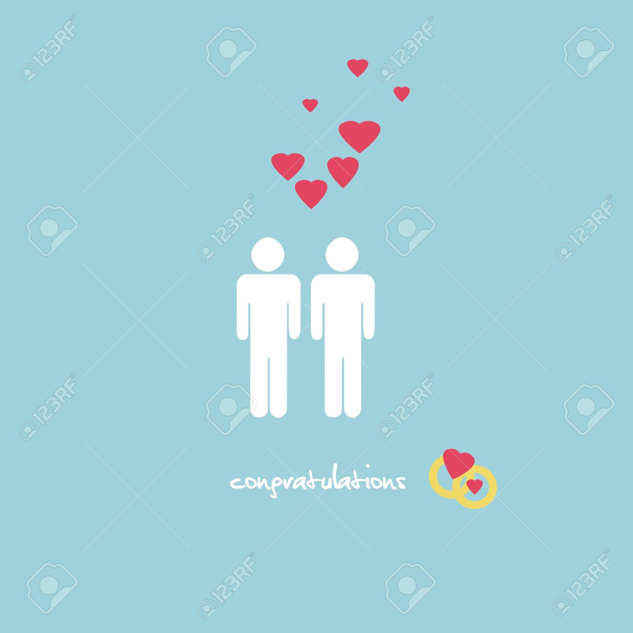 同性愛者のカップルの人物 甘い結婚式祝いのカードはリングし ピンクの明るい青の背景にハート の写真素材 画像素材 Image
