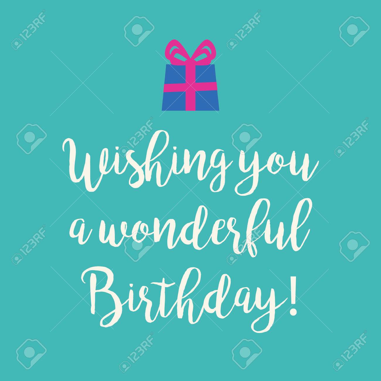 かわいい青青緑色の背景にテキストと非常に幸せな誕生日グリーティング カードとピンクのリボンの弓で青い包まれたプレゼントを希望します のイラスト素材 ベクタ Image