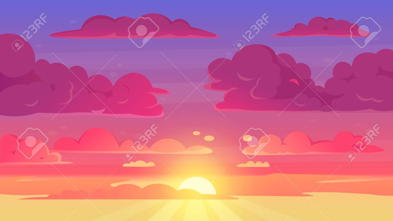 Cartoon Sunset Sky. Gradient Violet And Yellow Sky Clouds Landscape,  Evening Sunset Heaven Panorama Vector Background Illustration. Sunset Sky  Cartoon, Sun Scene Sunrise Royalty Free SVG, Cliparts, Vectors, and Stock  Illustration. Image, image size:1300x731