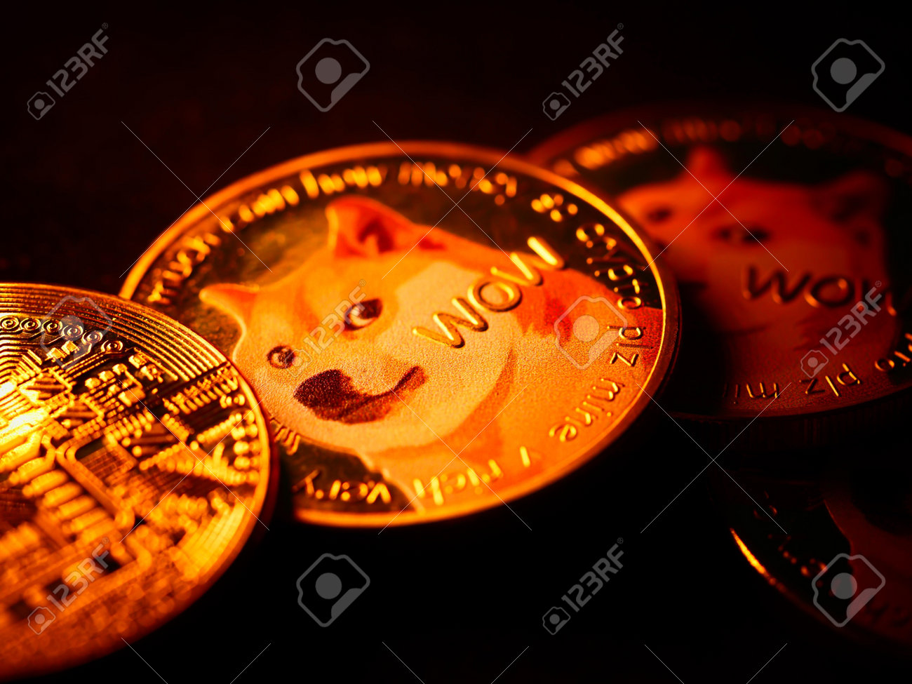 ドージ」という名前の柴犬のミームと「すごい」が刻まれたコインの選択的なフォーカスショットの写真素材・画像素材 Image 200083366