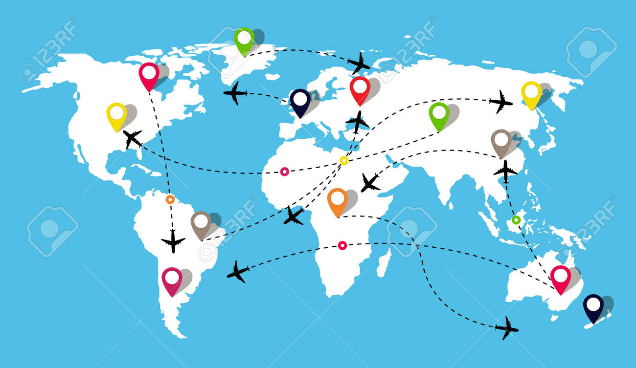 飛行機の飛行で地図を作成します。飛行機で世界を旅する。飛行機