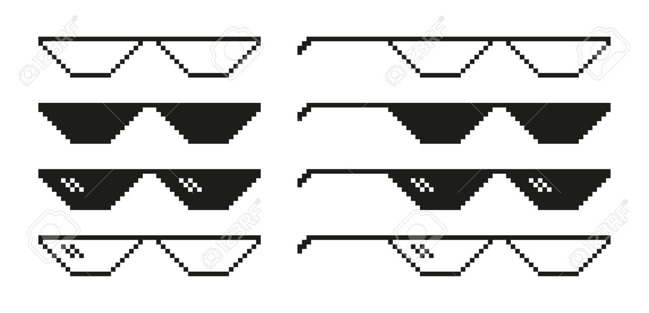 픽셀 안경. 마인크래프트 안경. 밈을 위한 안경. 깡패, 보스, 래퍼, 갱스터를 위한 선글라스. 8비트 게임 아이콘. 안경 흰색 배경에  고립입니다. 벡터. 로열티 무료 사진, 그림, 이미지 그리고 스톡포토그래피. Image 185430258