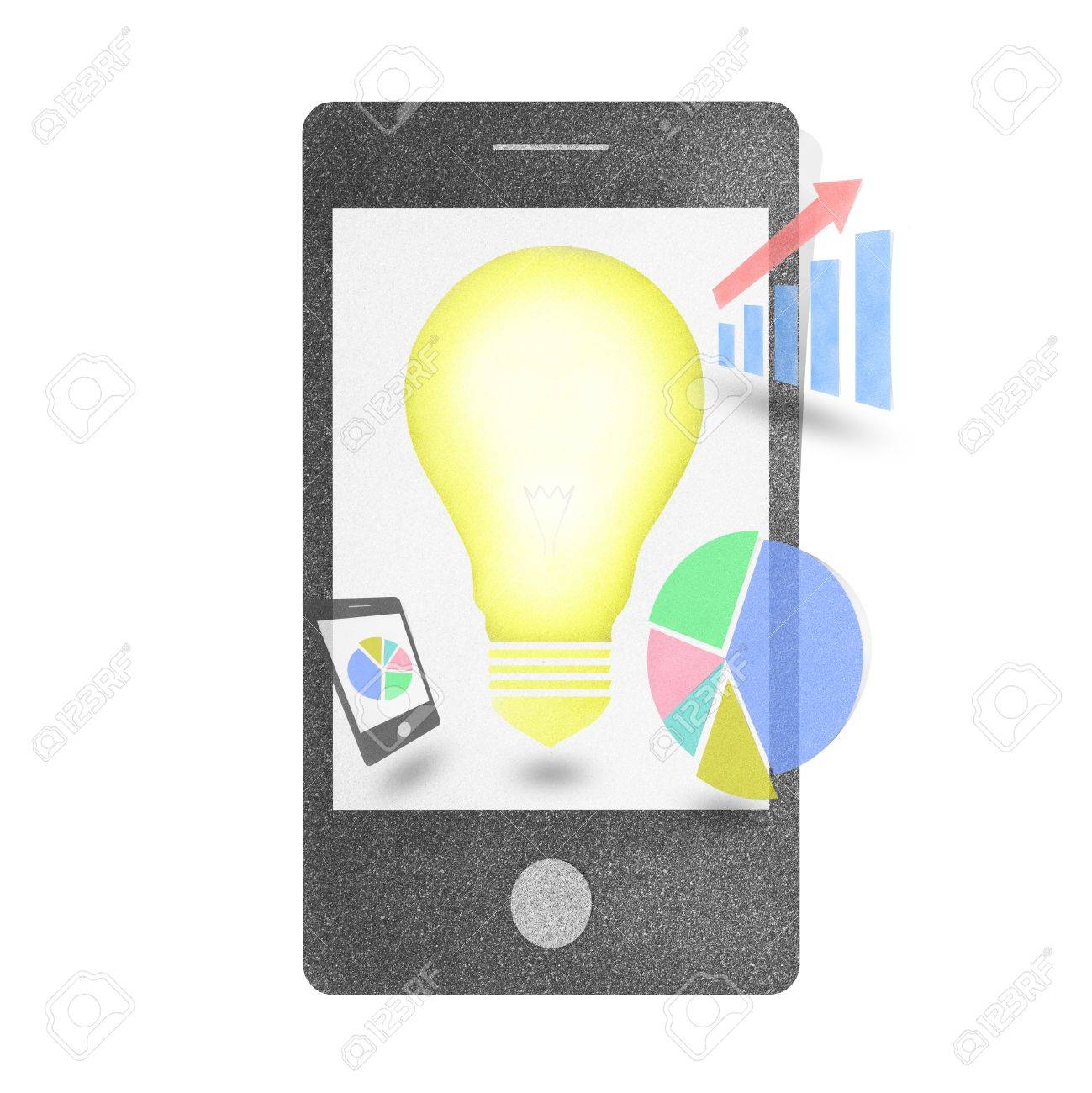 携帯電話スマート フォン グラフ パイ グラフ電球概念によって 船にコルク板を分離します の写真素材 画像素材 Image