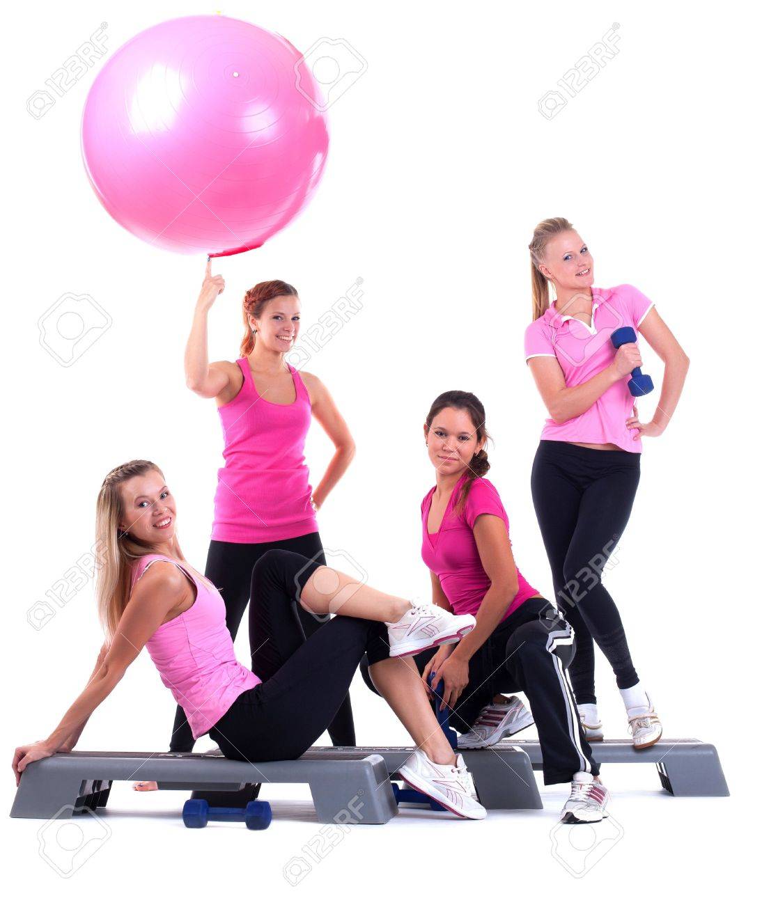 young group women fitness instructor on stepper with accessories isolated - 15427223 young group women fitness instructor on stepper with accessories isolated - 15427223