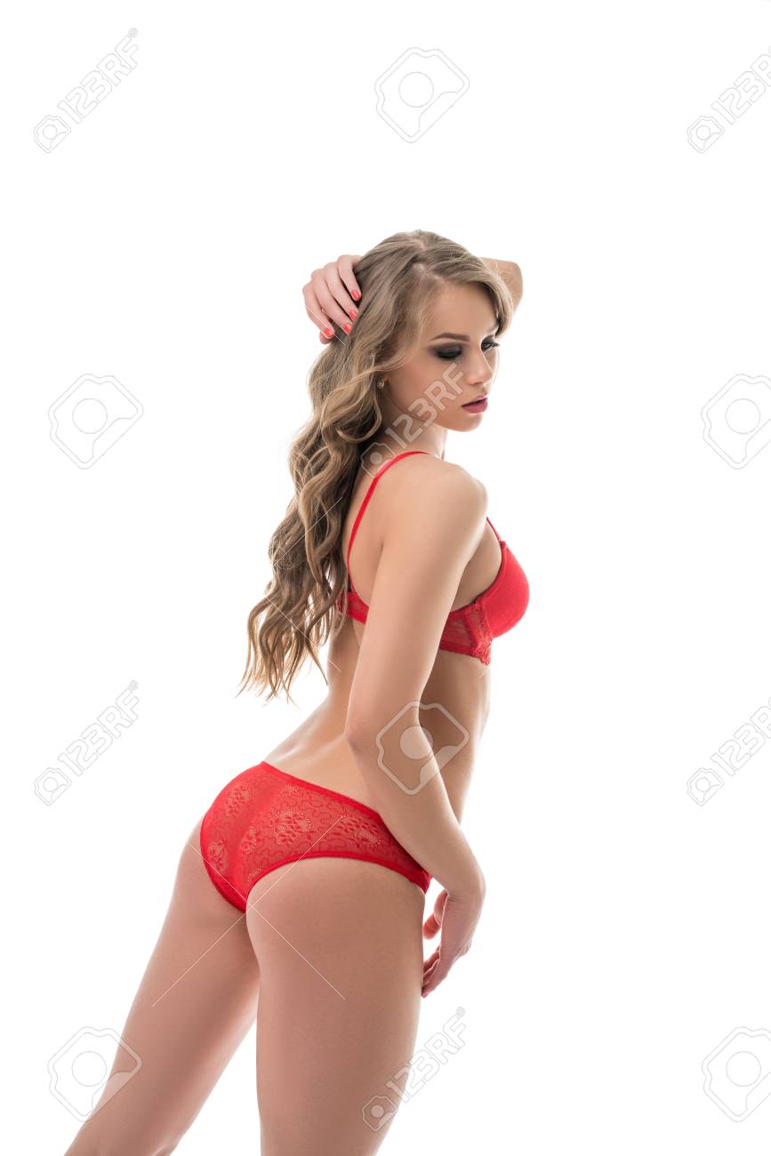 下着をカタログします モデルにセクシーなレッドはレースのパンティーとセットします の写真素材 画像素材 Image