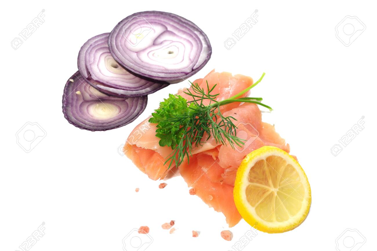 slices of smoked salmon with dill on white background - 143402461 slices of smoked salmon with dill on white background - 143402461