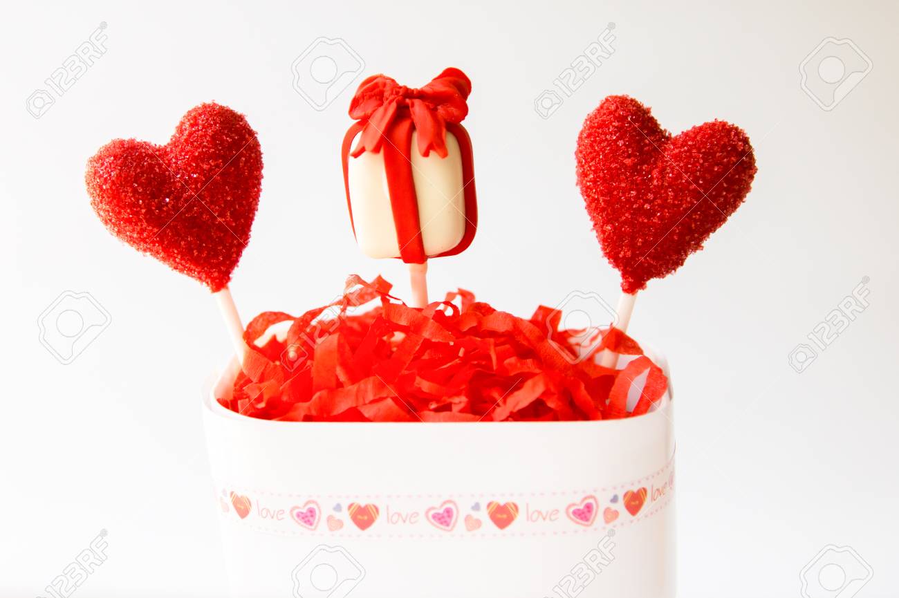 Heart And Gift Box Cake Pops In Cup On White Background Valentine