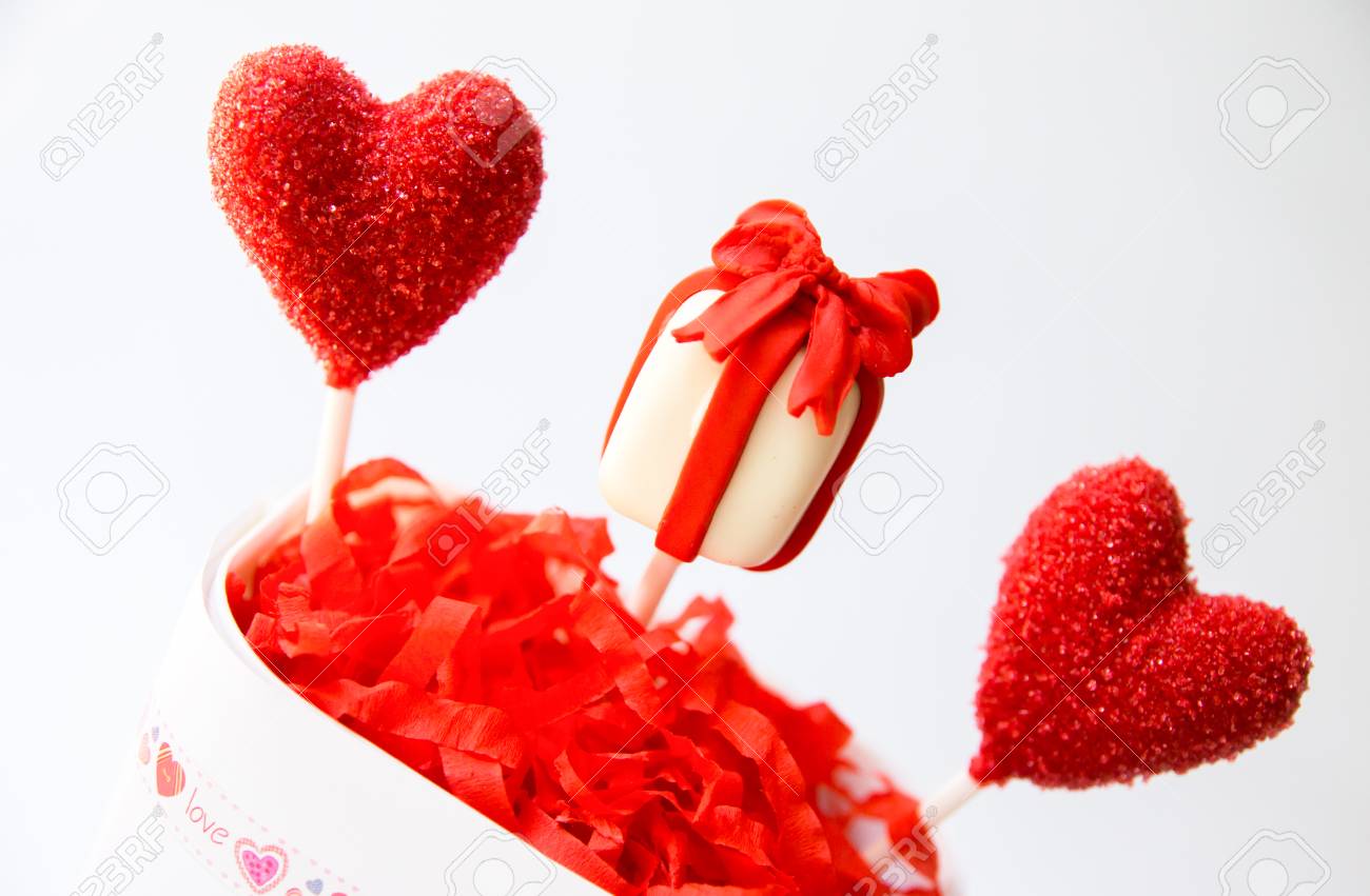 Heart And Gift Box Cake Pops In Cup On White Background Valentine