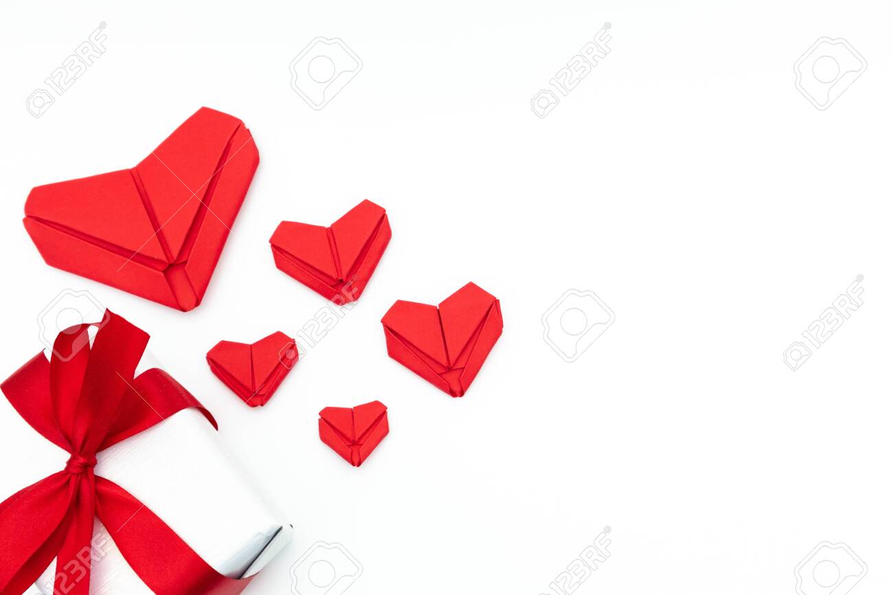 Top View Gift Boxred Heart Folded With Paper Origami Hearts