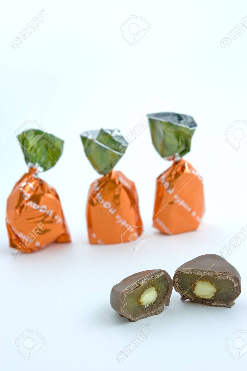 A Sliced Chocolate Candy With Almond And Dried Apricot Filling Stock Photo Picture And Royalty Free Image Image 6555