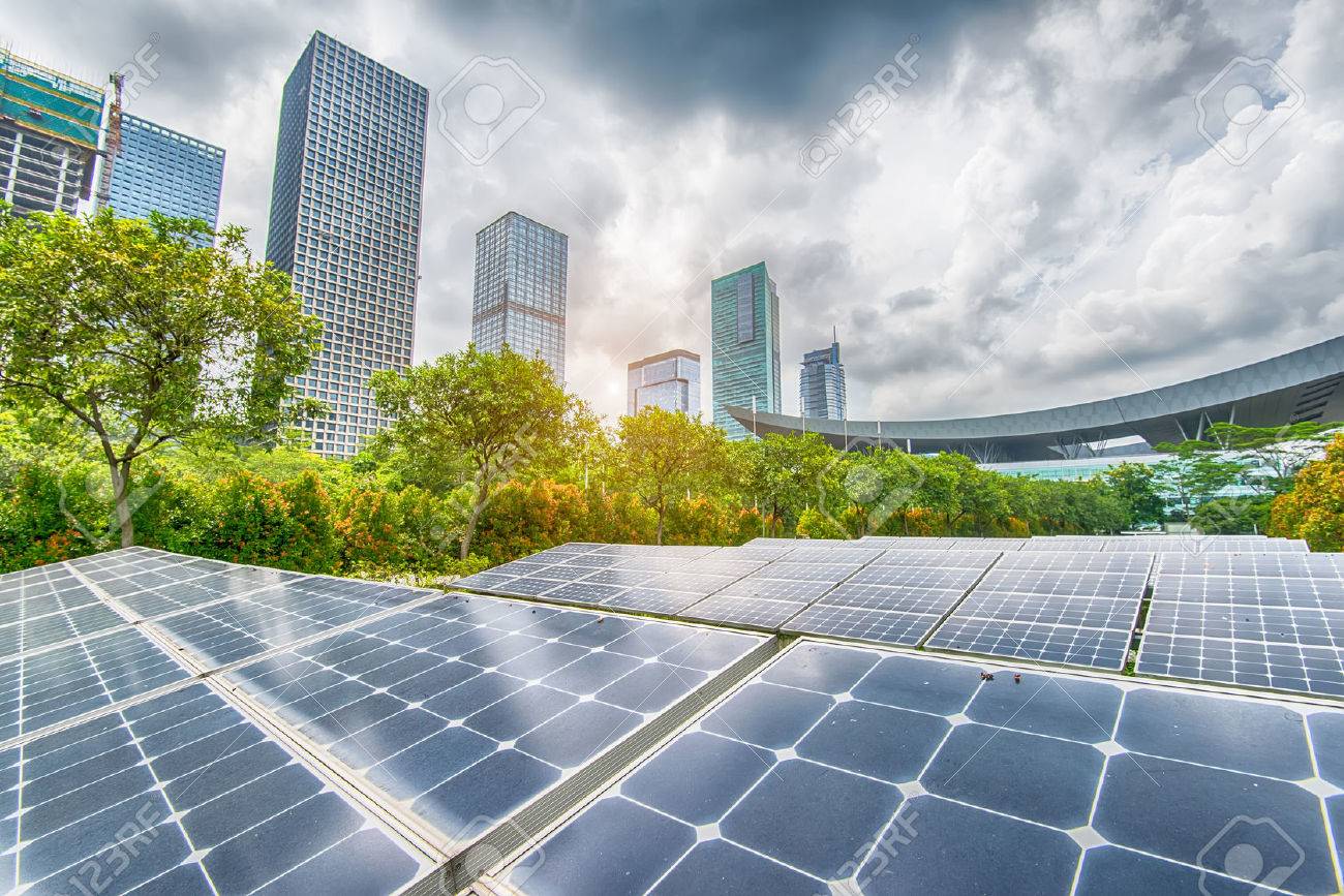 Solar Panels In The Park Of Modern City - 57734379 Solar Panels In The Park Of Modern City - 57734379