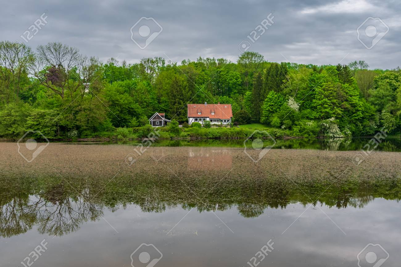 Pond in Teutoburg Forest nearby Externsteine rocks, Germany . - 117911425 Pond in Teutoburg Forest nearby Externsteine rocks, Germany . - 117911425