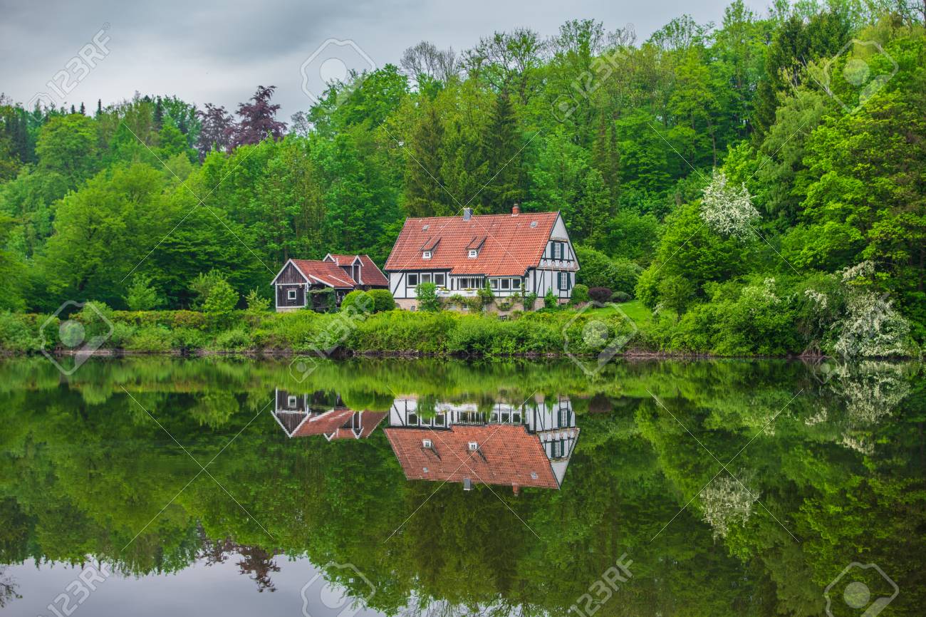 Pond in Teutoburg Forest nearby Externsteine rocks, Germany . - 117911847 Pond in Teutoburg Forest nearby Externsteine rocks, Germany . - 117911847