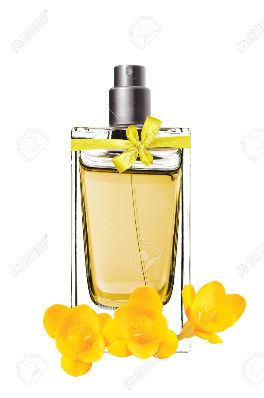 Damen Parfum In Einer Schonen Flasche Und Freesie Blume Auf Weissem Hintergrund Lizenzfreie Fotos Bilder Und Stock Fotografie Image