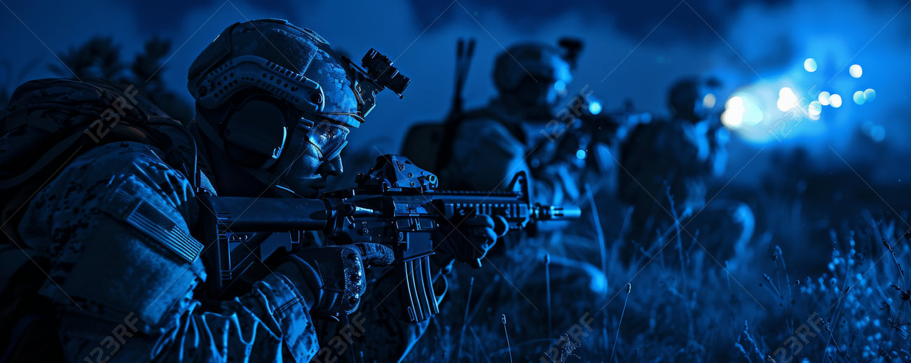 A Military Banner Featuring A Tactical Unit Using Advanced Night Vision  Equipment During A Night Mission, Emphasizing Readiness And Modern  Technology. Stock Photo, Picture and Royalty Free Image. Image 233076908.