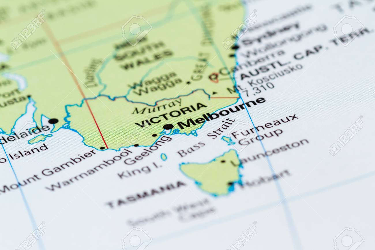 close up of a world map with the word in focus melbourne australia stock photo