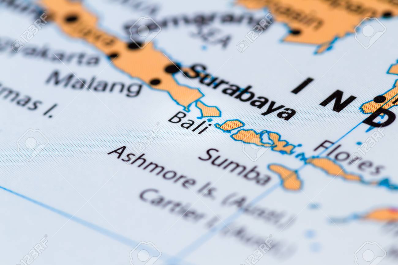 close up of bali and other south pacific islands on a world map stock photo