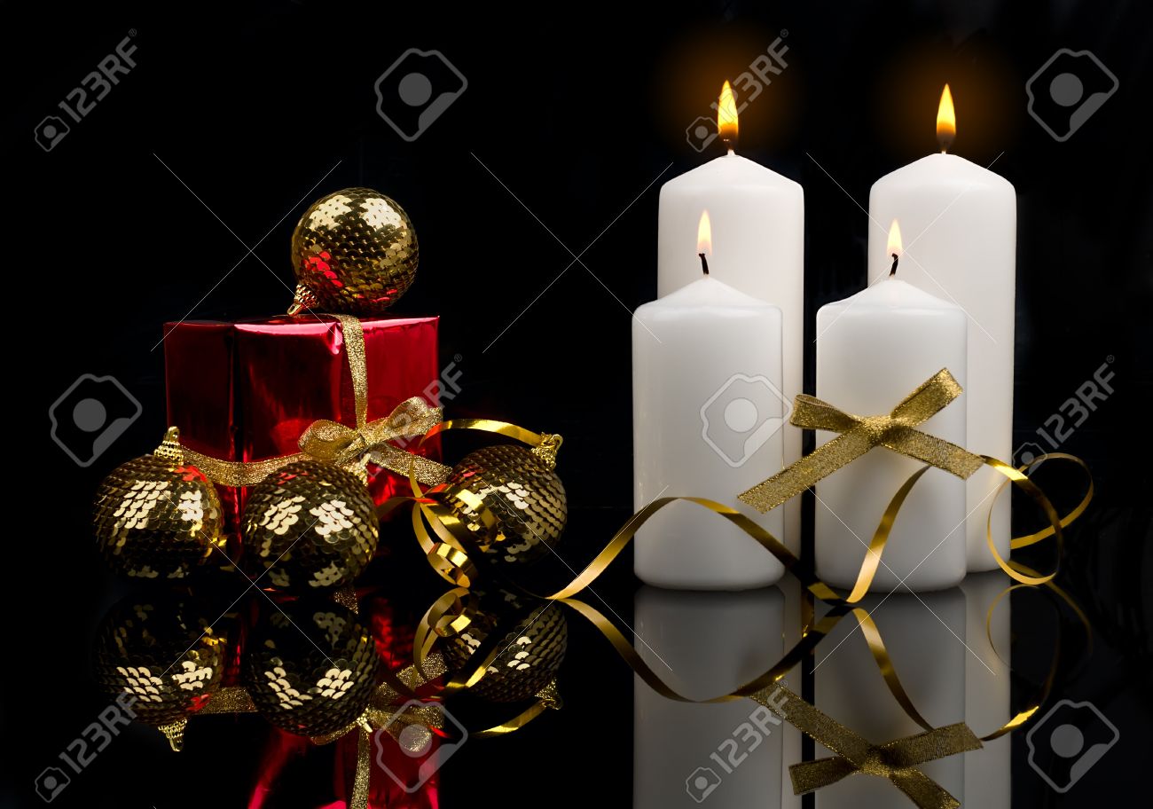 Christmas Candles Table Setting With Gold Baubles Bow And Ribbon Stock Photo Picture And Royalty Free Image Image 11967725