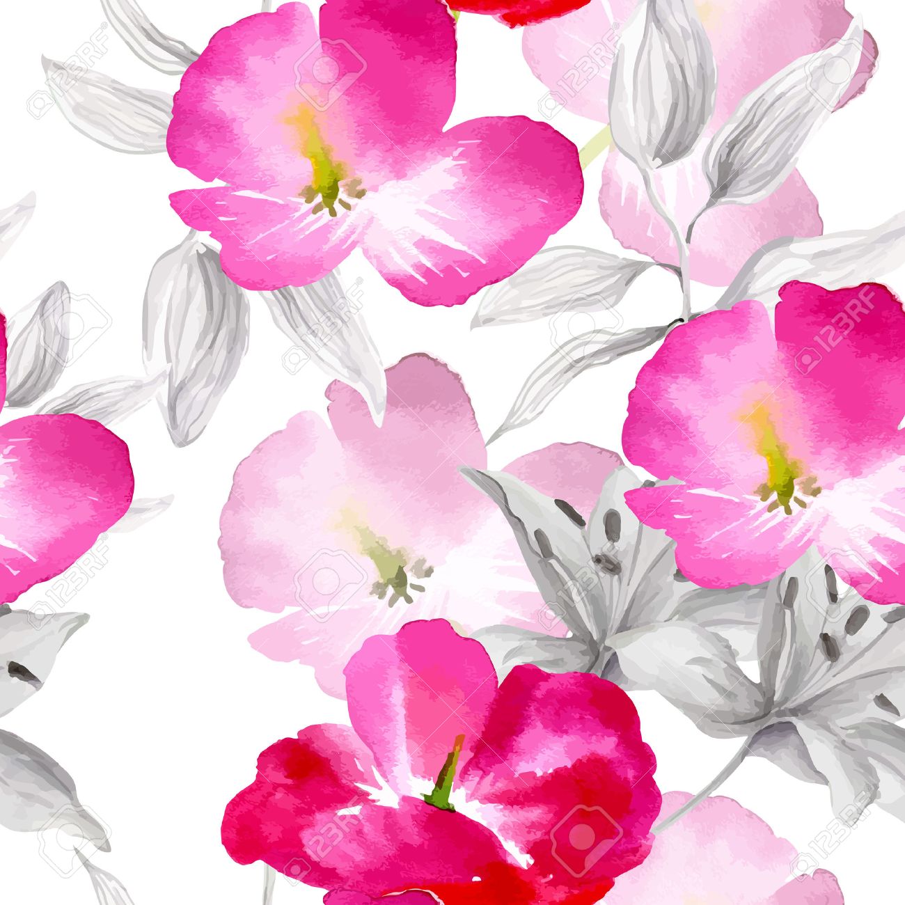 Watercolor flowers seamless pattern. Bright colors watercolor botanical elements - 52219851 Watercolor flowers seamless pattern. Bright colors watercolor botanical elements - 52219851